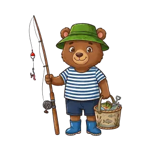Cute Bear Character Fishing with Bucket of Fish