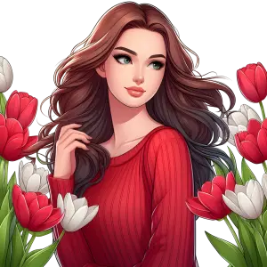 Illustration of a Woman with Long Hair Among Red and White Tulips