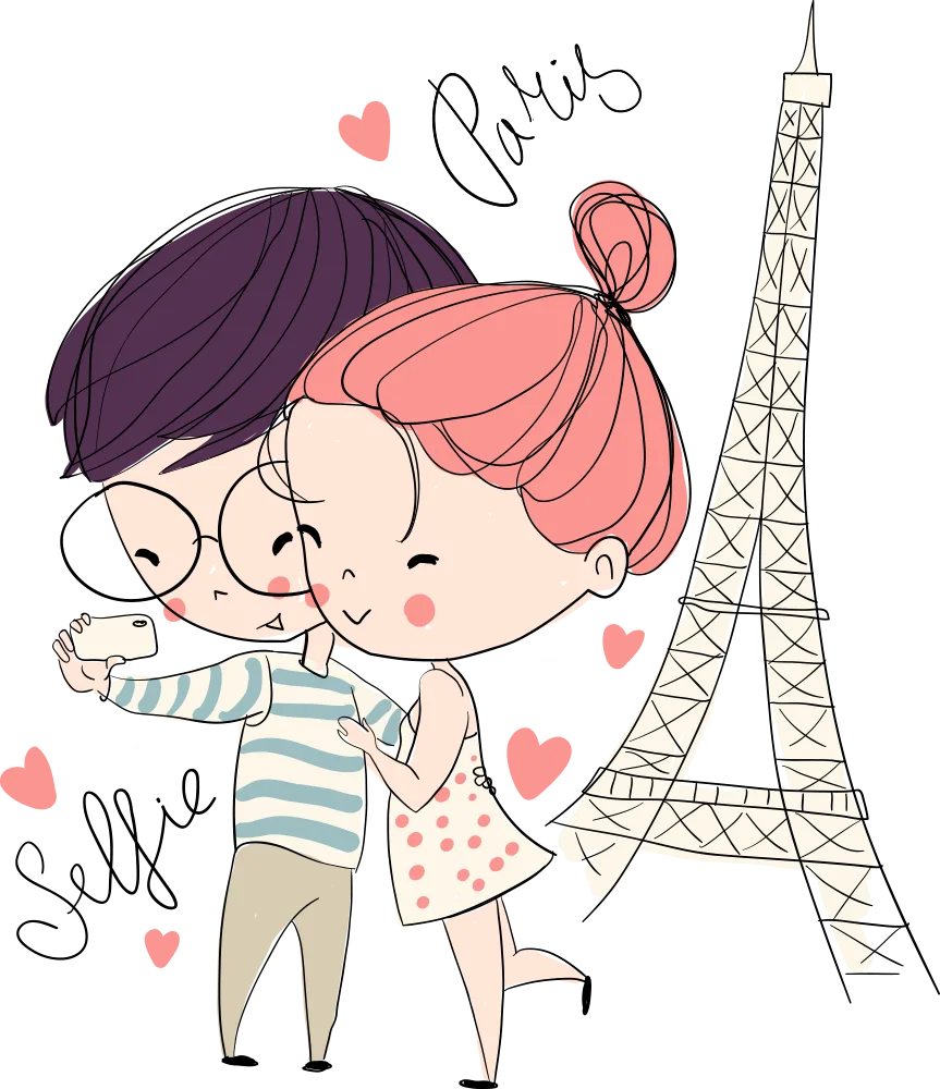 Cute Couple Taking Selfie Near Eiffel Tower