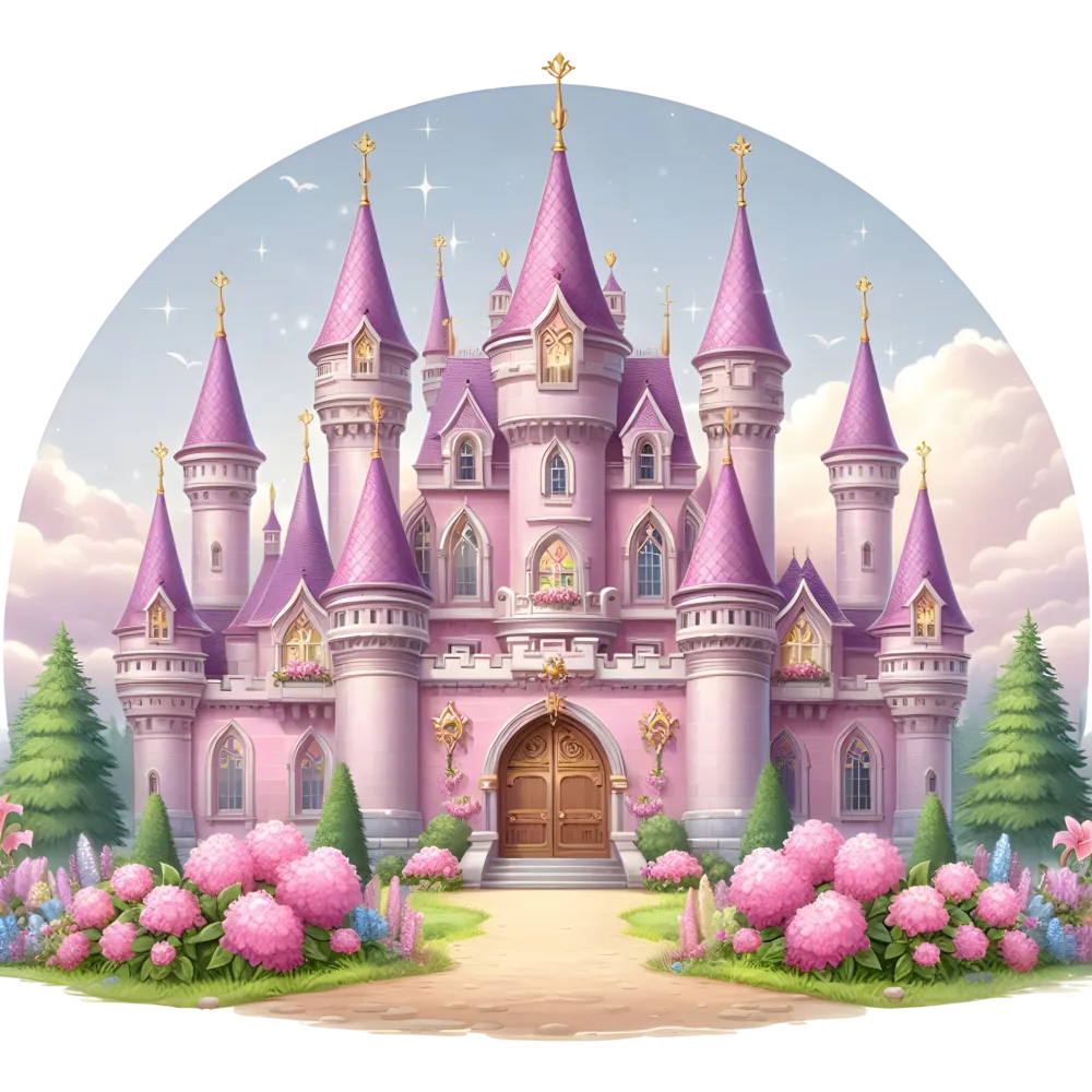 Fairytale Pink Castle with Garden and Tall Spires