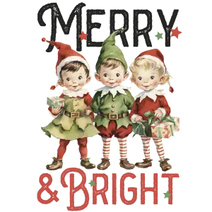 Vintage Christmas Elves Holding Gifts with Merry & Bright Text