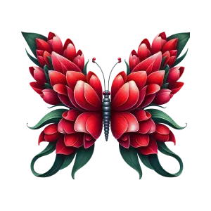 Red Floral Butterfly with Green Leaves