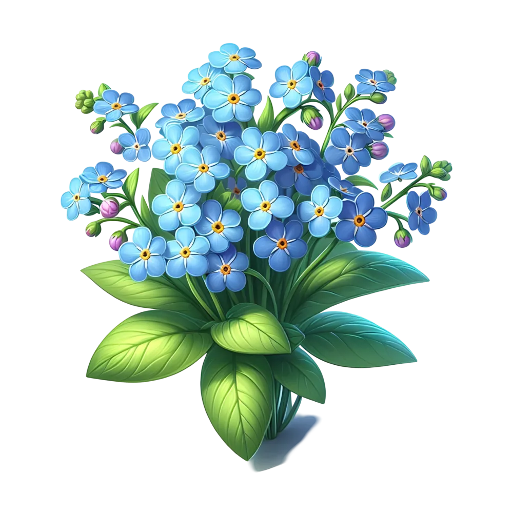 Blue Forget-Me-Not Flower Bouquet with Green Leaves