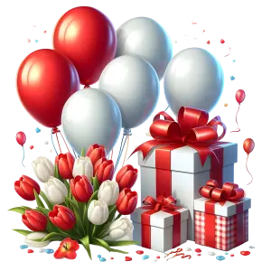 Red and White Celebration Balloons with Gift Boxes and Tulip Bouquet