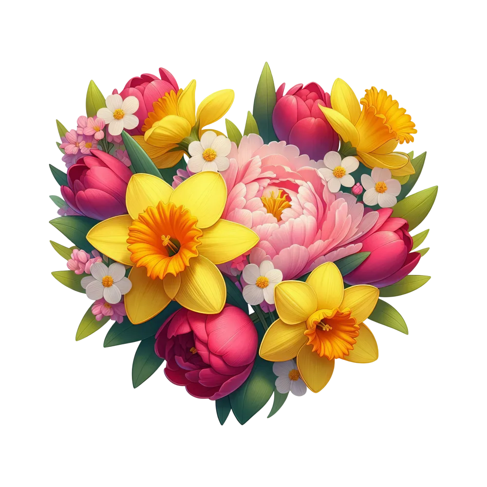 Colorful Bouquet of Daffodils, Tulips, and Peonies