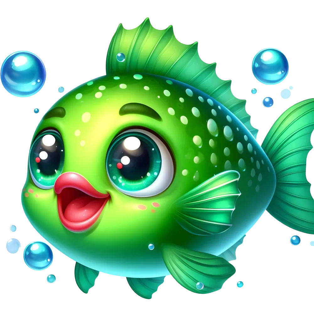 Cute Cartoon Green Fish with Big Eyes and Bubbles