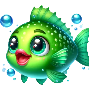 Cute Cartoon Green Fish with Big Eyes and Bubbles