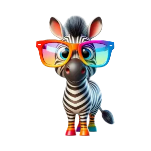 Cartoon Zebra Wearing Rainbow Glasses and Colorful Shoes