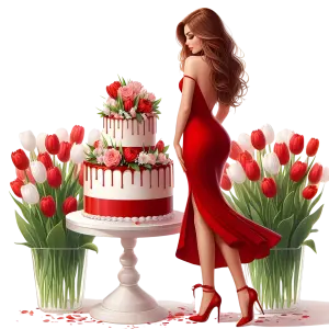 Elegant Woman in Red Dress with Floral Cake and Tulips