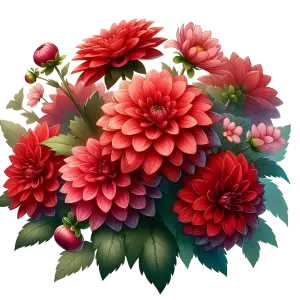 Red and Pink Dahlia Flowers Bouquet with Green Leaves