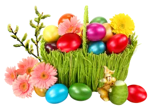 Colorful Easter Eggs in Grass Basket with Spring Flowers and Bunny Figurine