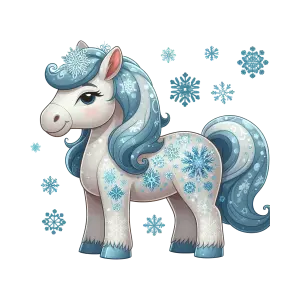 Cartoon Winter Pony with Blue Snowflake Patterns