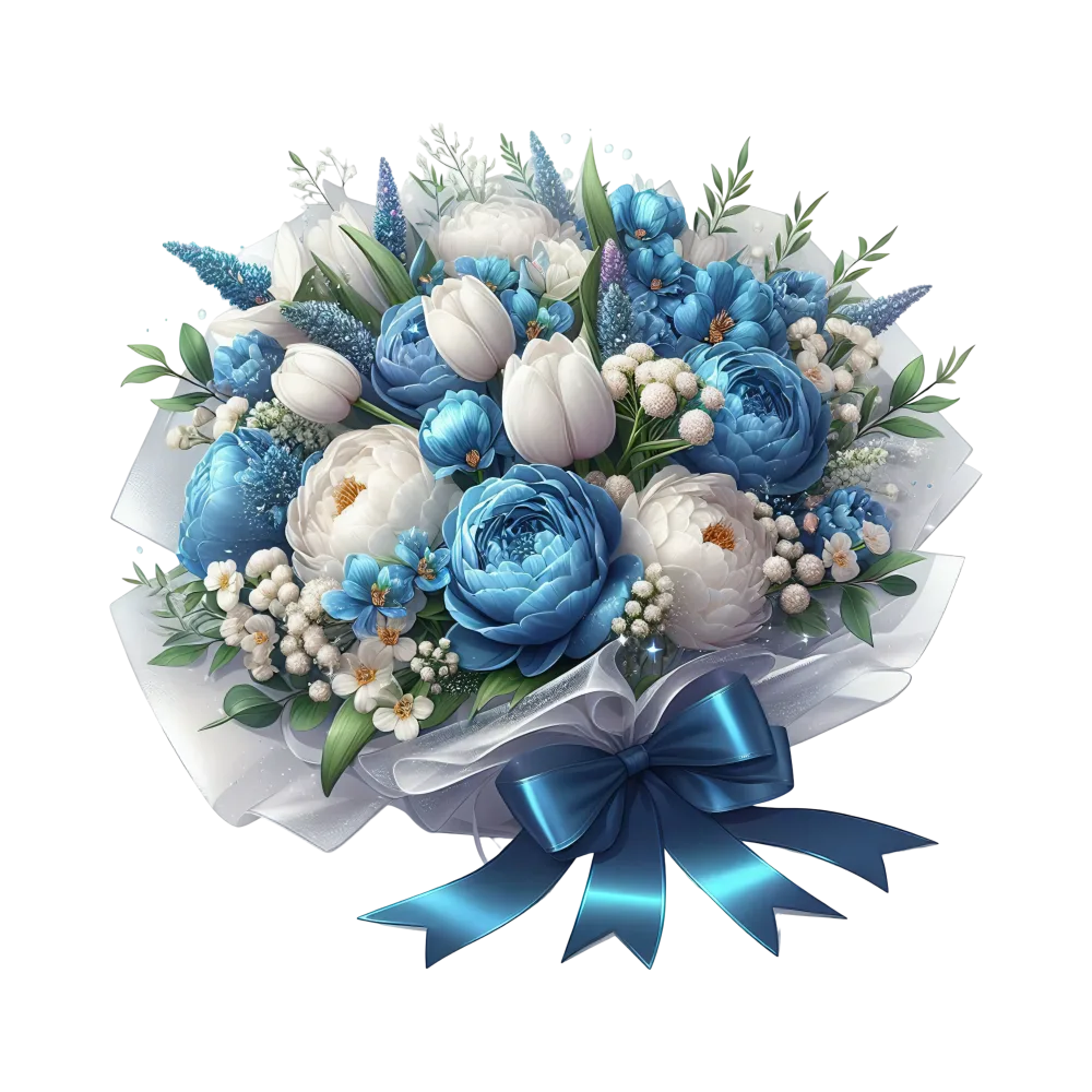 Blue and White Floral Bouquet with Ribbon
