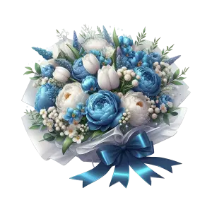 Blue and White Floral Bouquet with Ribbon