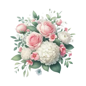 Bouquet of Soft Pink and White Flowers with Green Leaves