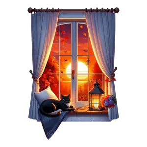 Cozy Black Cat by Window with Autumn Sunset and Lantern