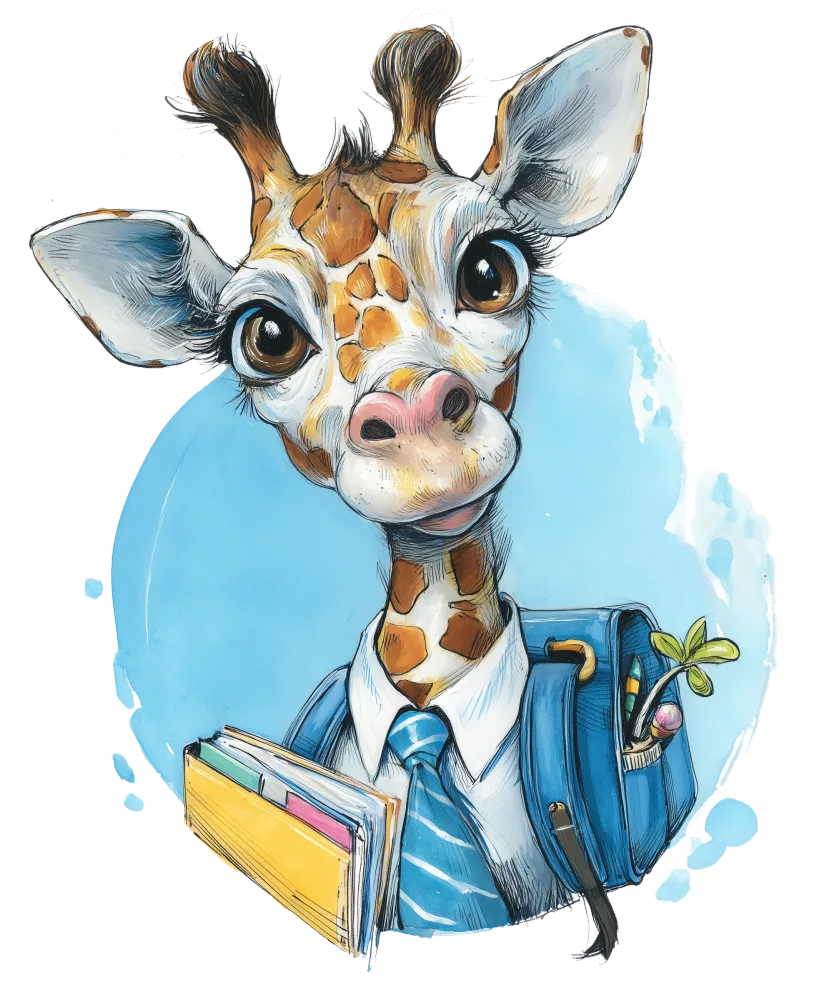 Cute cartoon giraffe student with books and backpack