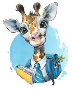 Cute cartoon giraffe student with books and backpack