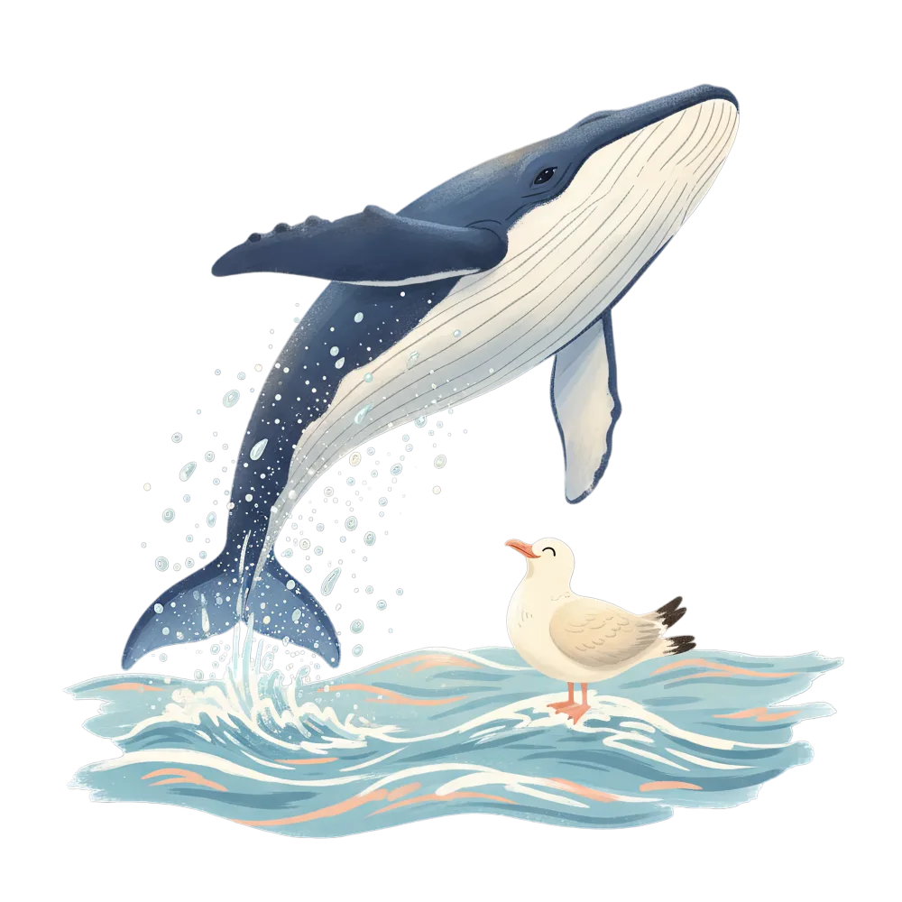 Illustration of Humpback Whale and Seagull on Ocean Waves