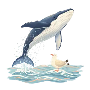 Illustration of Humpback Whale and Seagull on Ocean Waves