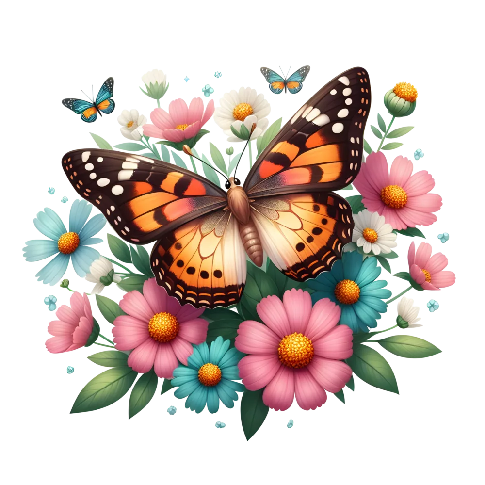 Colorful Butterfly on Flower Bouquet with Smaller Butterflies