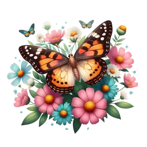 Colorful Butterfly on Flower Bouquet with Smaller Butterflies