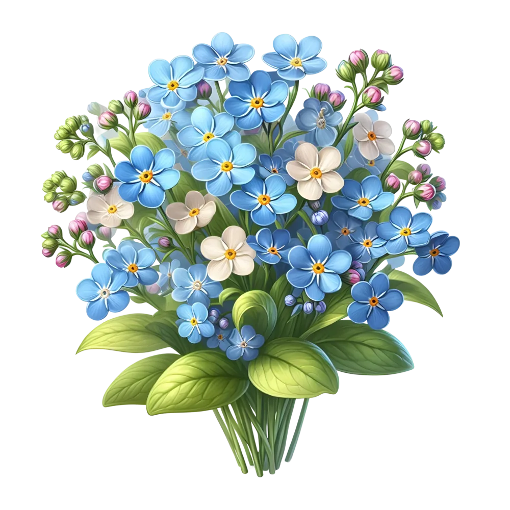 Bouquet of Blue and White Forget-Me-Not Flowers with Green Leaves