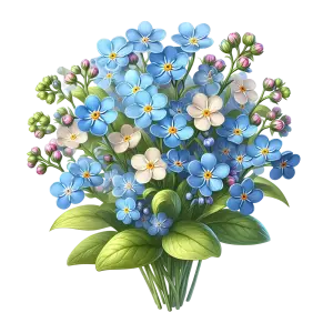 Bouquet of Blue and White Forget-Me-Not Flowers with Green Leaves