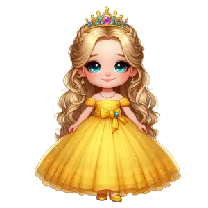 Cute Cartoon Princess Girl in Yellow Dress with Crown