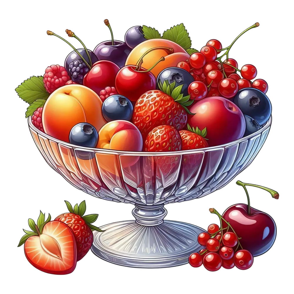 Fresh Mixed Berries and Stone Fruits in Ornate Glass Bowl