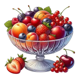 Fresh Mixed Berries and Stone Fruits in Ornate Glass Bowl