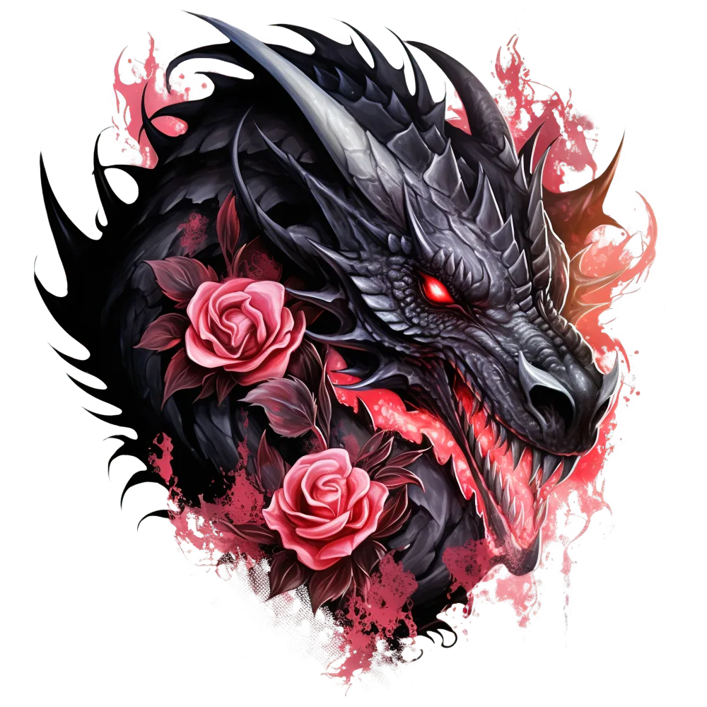 Black Dragon Head with Red Eyes and Pink Roses