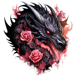 Black Dragon Head with Red Eyes and Pink Roses