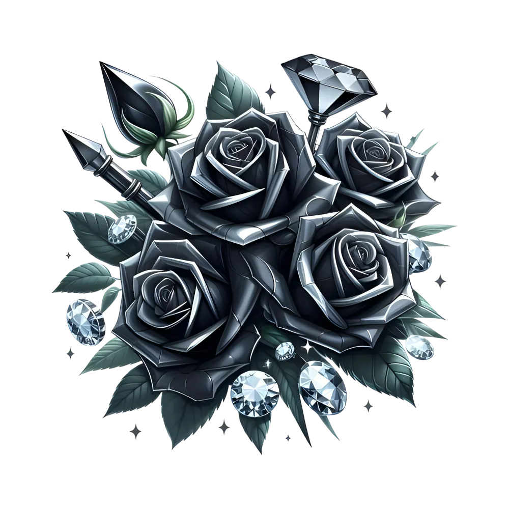 Cluster of Black Roses with Shiny Diamonds and Gemstones