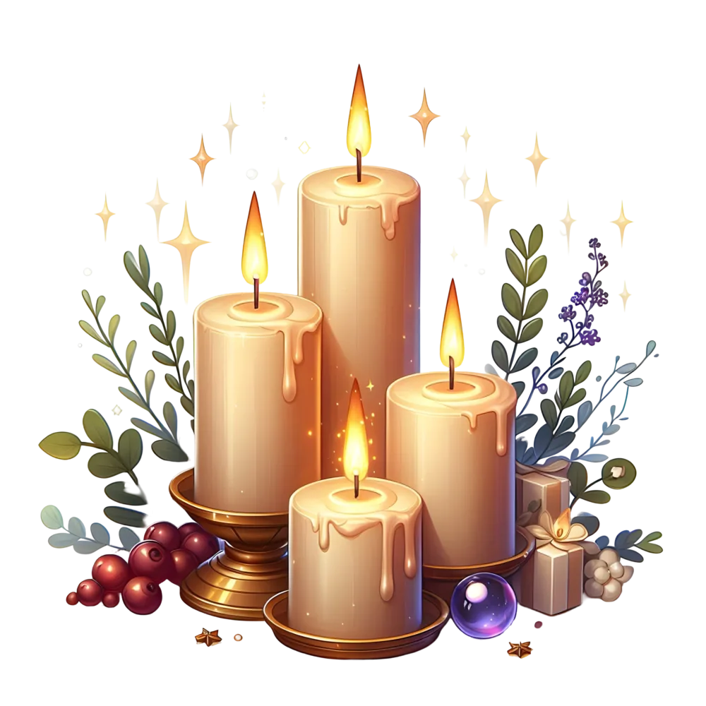 Decorative Burning Candles with Holiday Greenery and Gifts