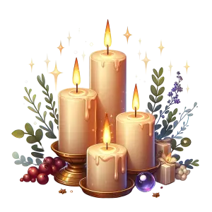 Decorative Burning Candles with Holiday Greenery and Gifts