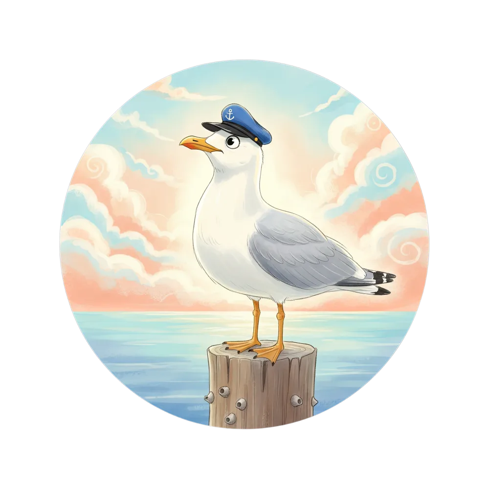 Seagull Wearing Captain Hat on Wooden Post by Ocean