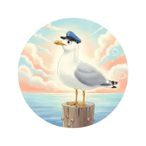 Seagull Wearing Captain Hat on Wooden Post by Ocean