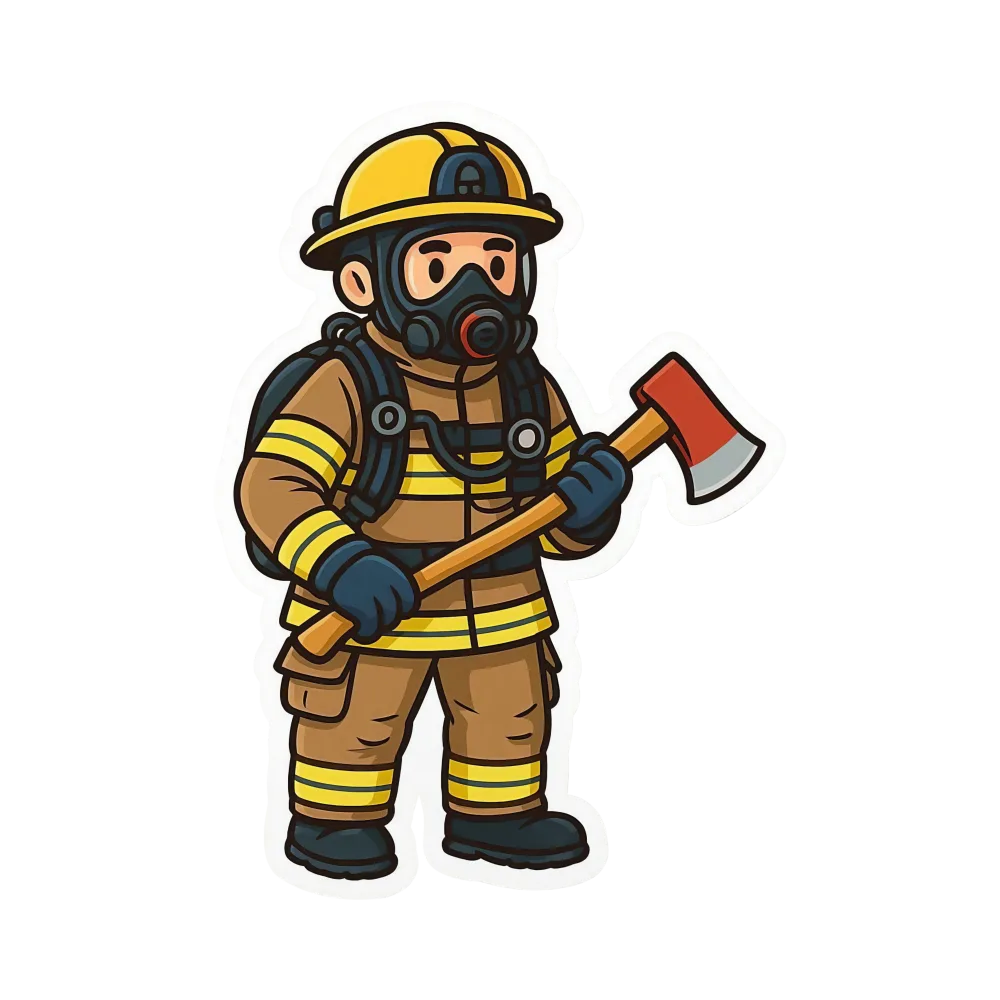 Cartoon Firefighter in Full Gear Holding Axe