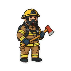 Cartoon Firefighter in Full Gear Holding Axe