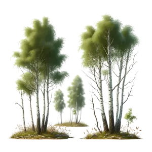 Group of Birch Trees with Green Foliage and Grass Clumps