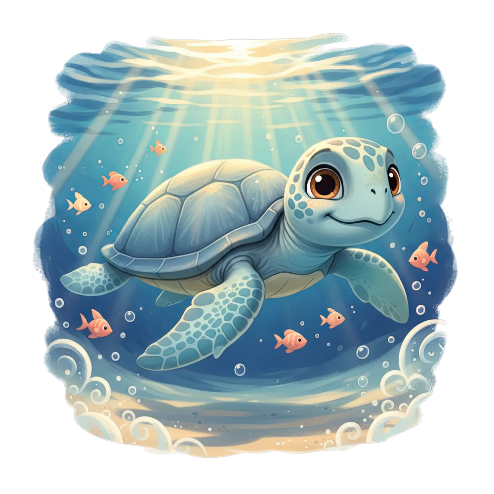 Cartoon Sea Turtle Swimming Underwater with Fish
