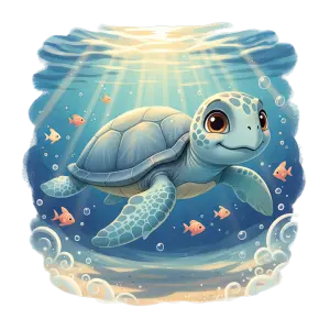 Cartoon Sea Turtle Swimming Underwater with Fish