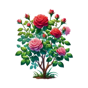 Illustrated Rose Bush with Red and Pink Flowers