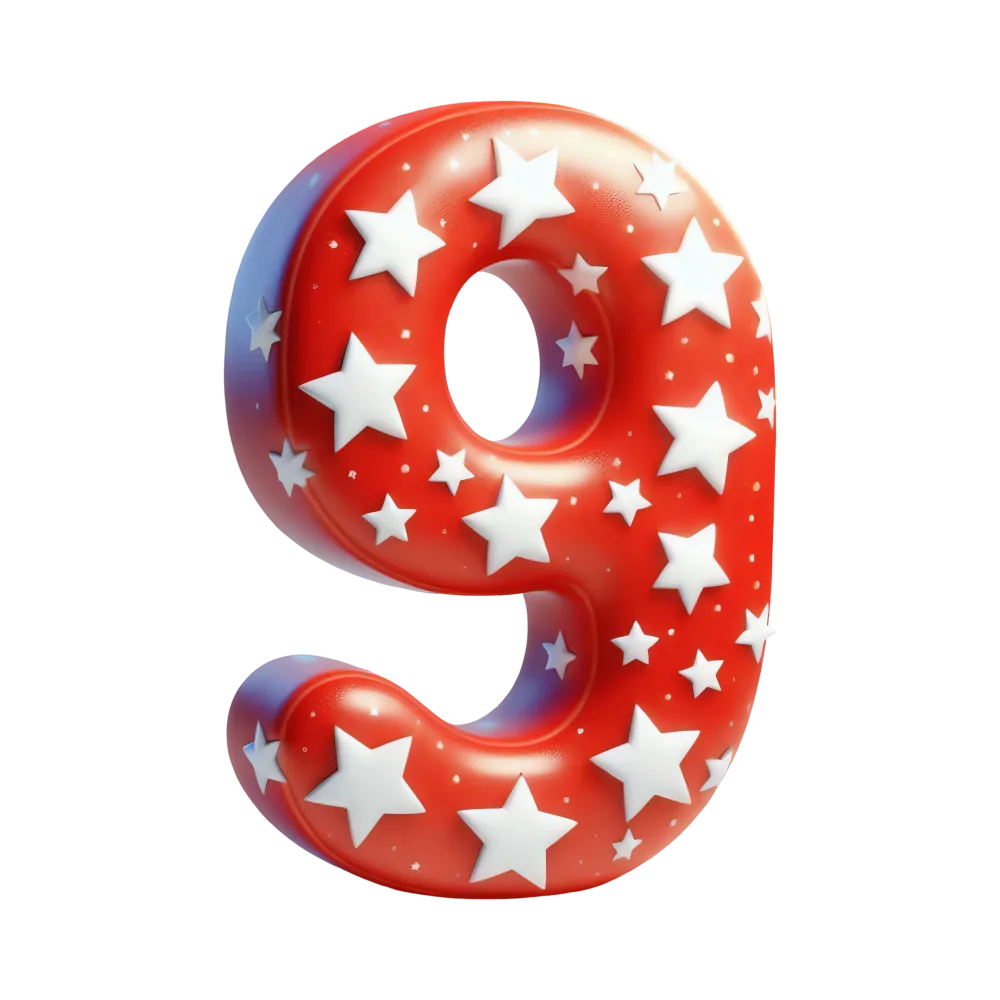 Red Number 9 with White Stars Decoration