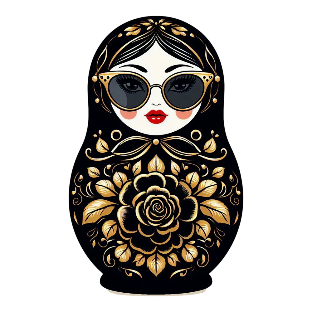 Matryoshka Doll with Sunglasses and Gold Floral Design