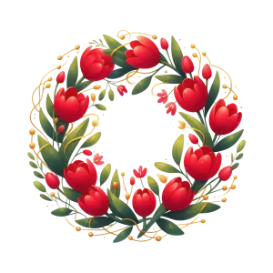 Decorative Red Tulip Floral Wreath with Green Leaves and Golden Accents