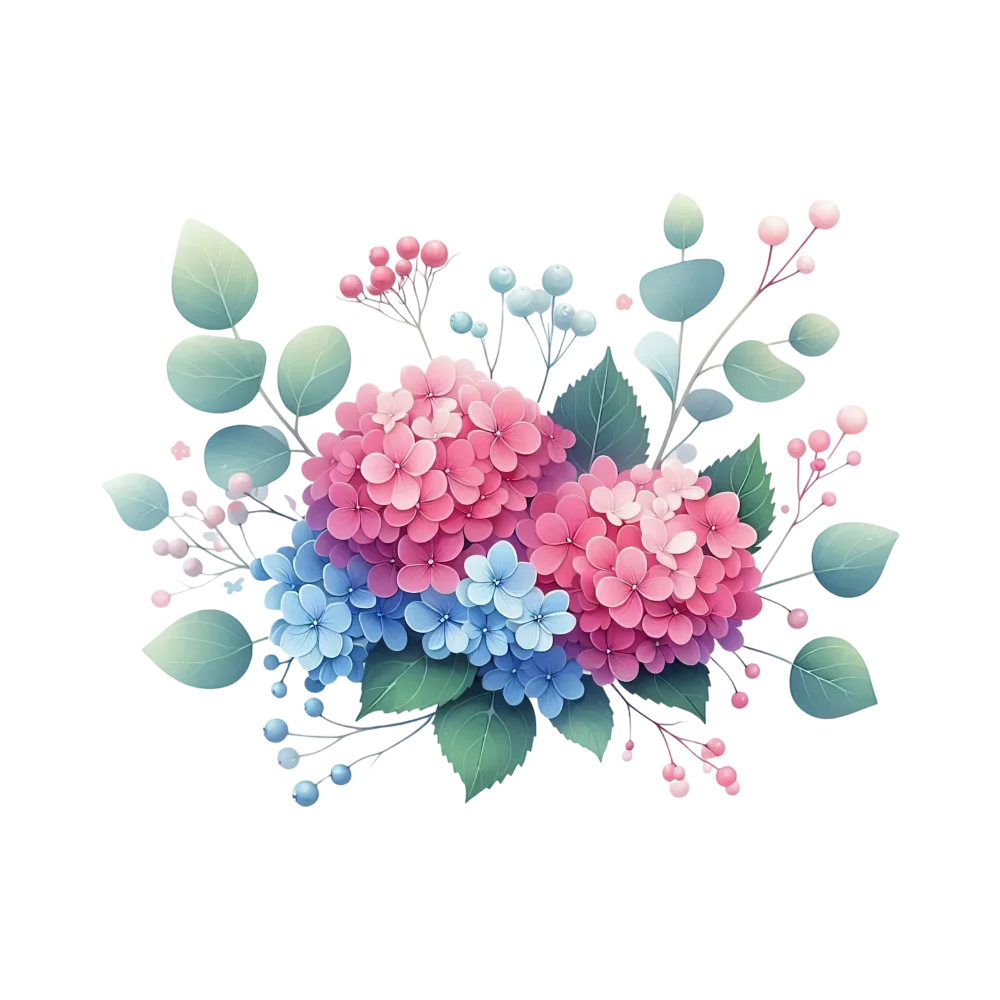 Colorful Hydrangea Flower Bouquet with Green Leaves