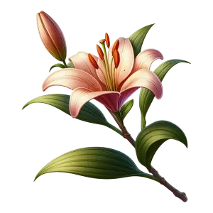 Pink Lily Flower with Bud and Green Leaves