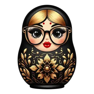 Black and Gold Russian Matryoshka Doll with Glasses